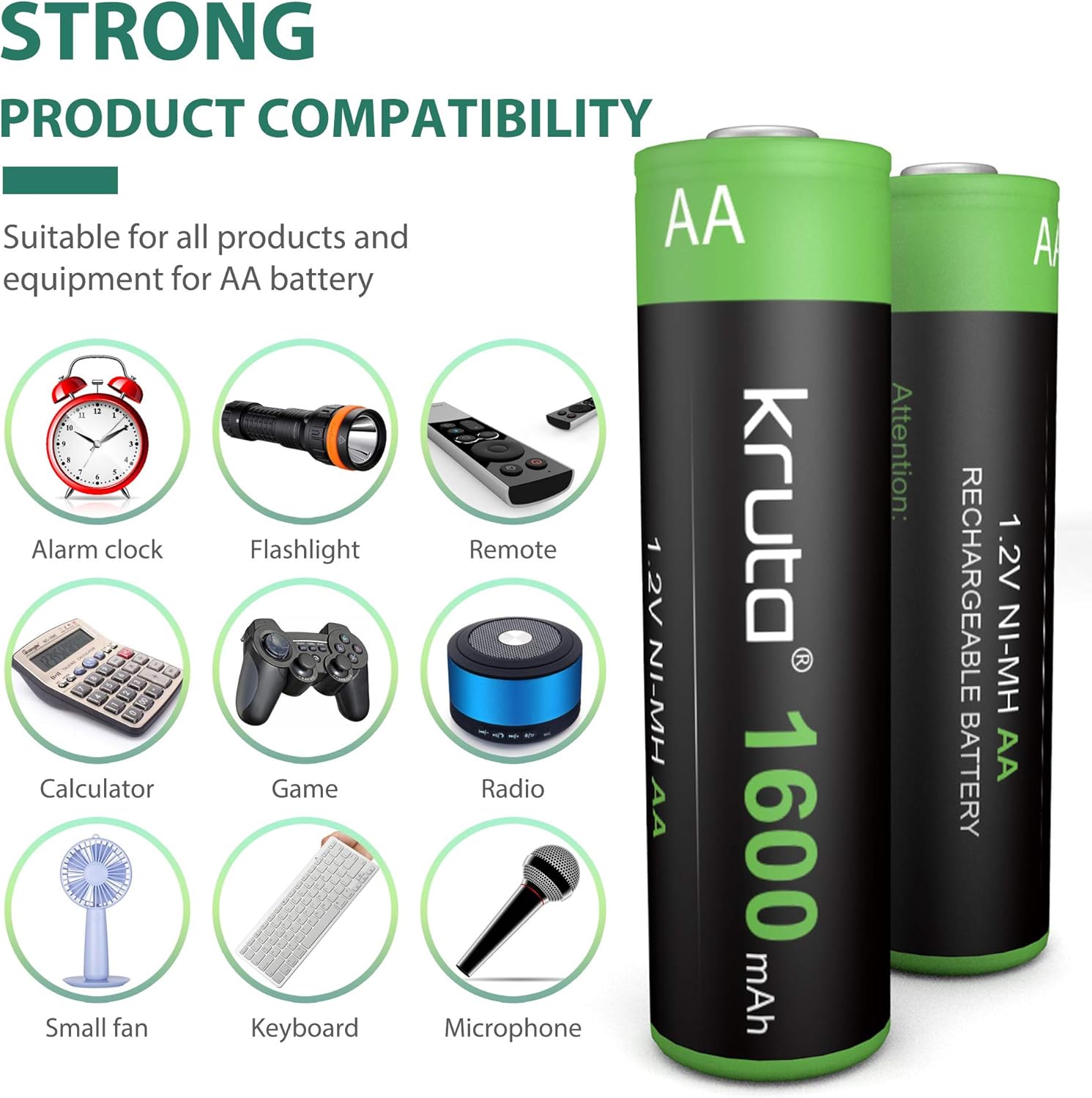 Two AA batteries with compatibility icons for various devices on a white background