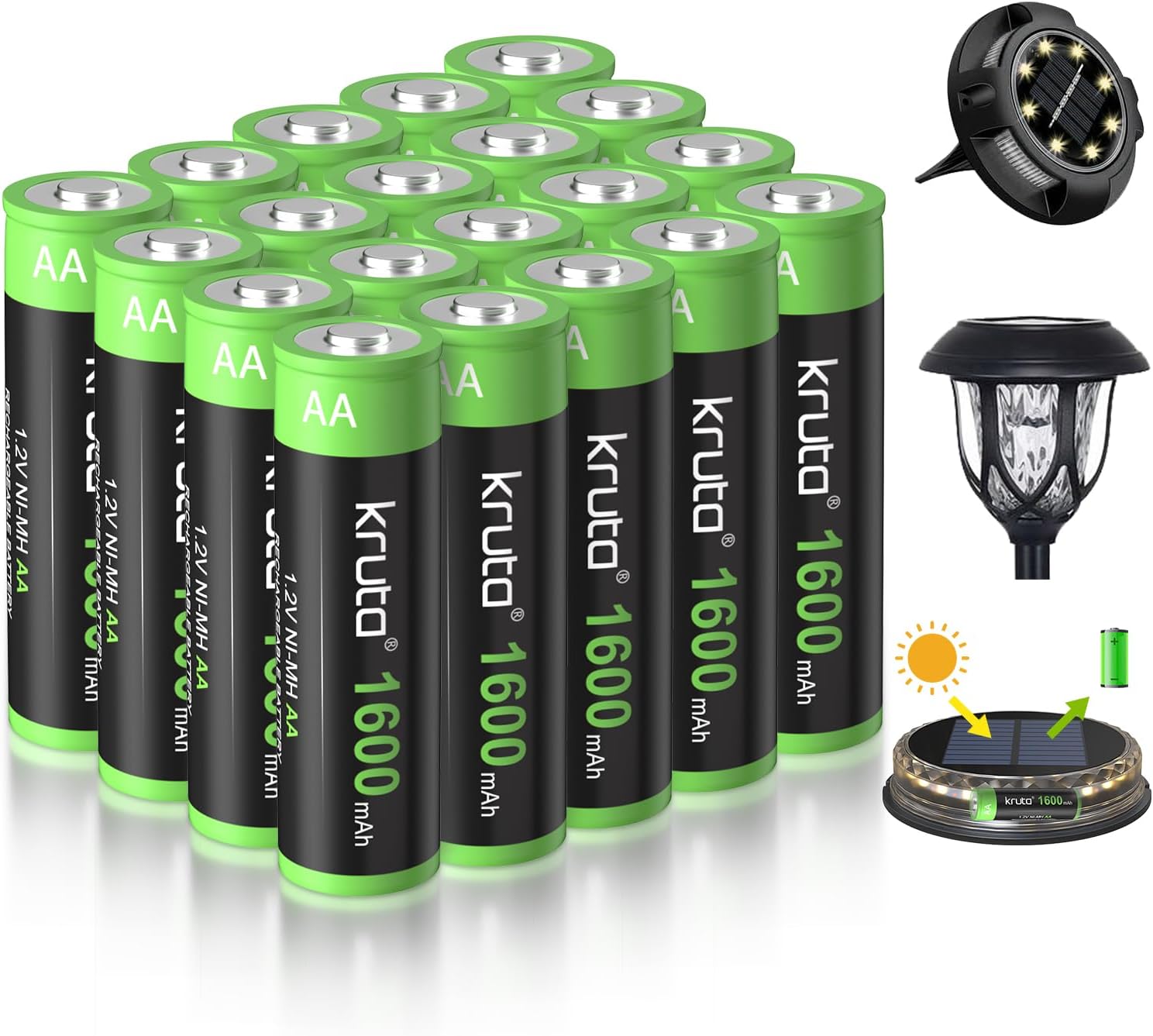 Multiple AA batteries with green and black labels, a solar panel, and a small light bulb on a white background.