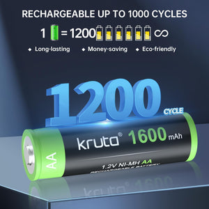 Kruta AA rechargeable battery with 1200 cycle text on a dark background