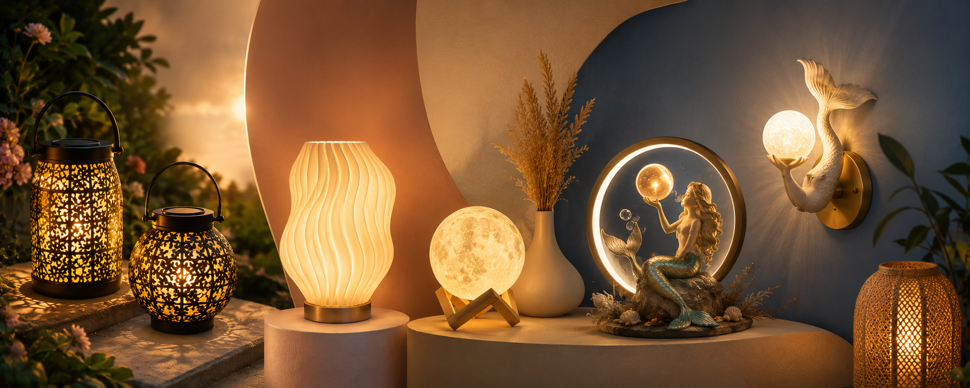 Modern indoor and outdoor lighting banner with solar lanterns, black table lamps, decorative lights, and elegant home décor by Nooriva Light