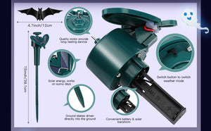 Solar-powered pest control device with detailed specifications on a white background