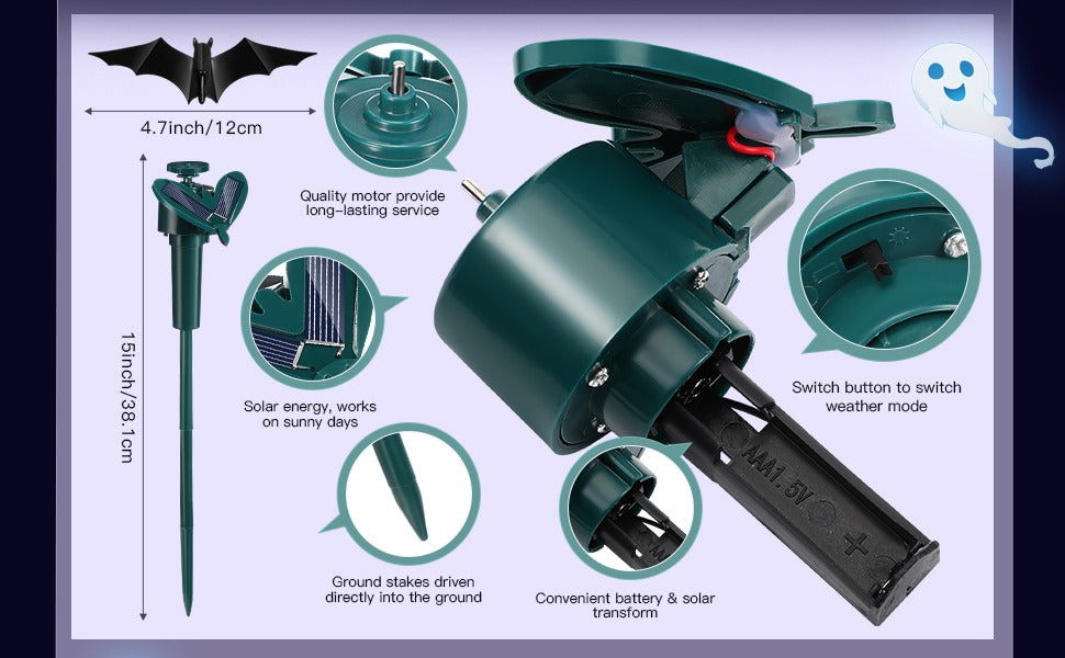 Solar-powered pest control device with detailed specifications on a white background