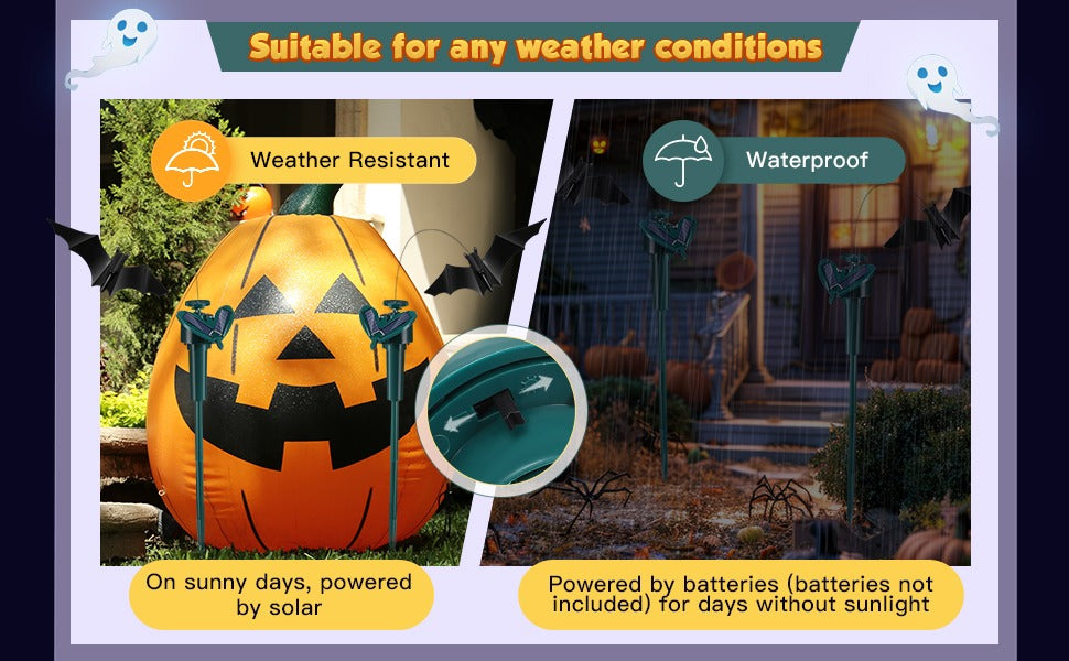 Halloween-themed product with pumpkins and text about weather resistance and waterproofing.