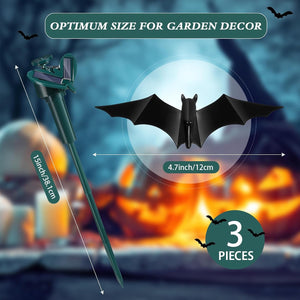 Halloween garden decor with bat-shaped stakes and solar lights, set against a blurred background of pumpkins and bats.