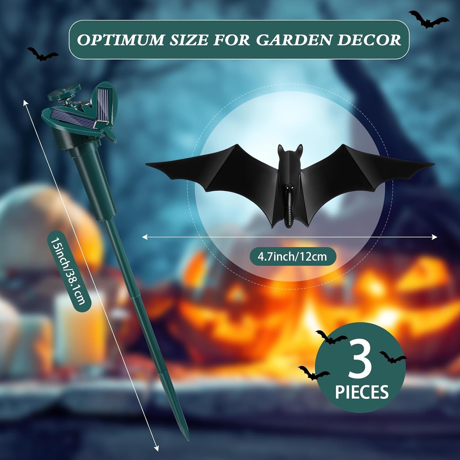 Halloween garden decor with bat-shaped stakes and solar lights, set against a blurred background of pumpkins and bats.