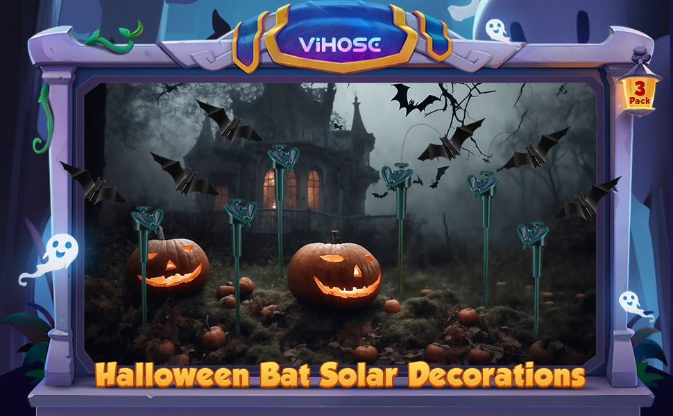 Halloween-themed solar decoration set with pumpkins, bats, and ghosts on a dark background.