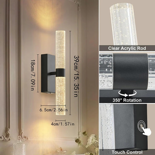 Modern black brass wall sconce with crystal LED lighting mounted in luxury living room