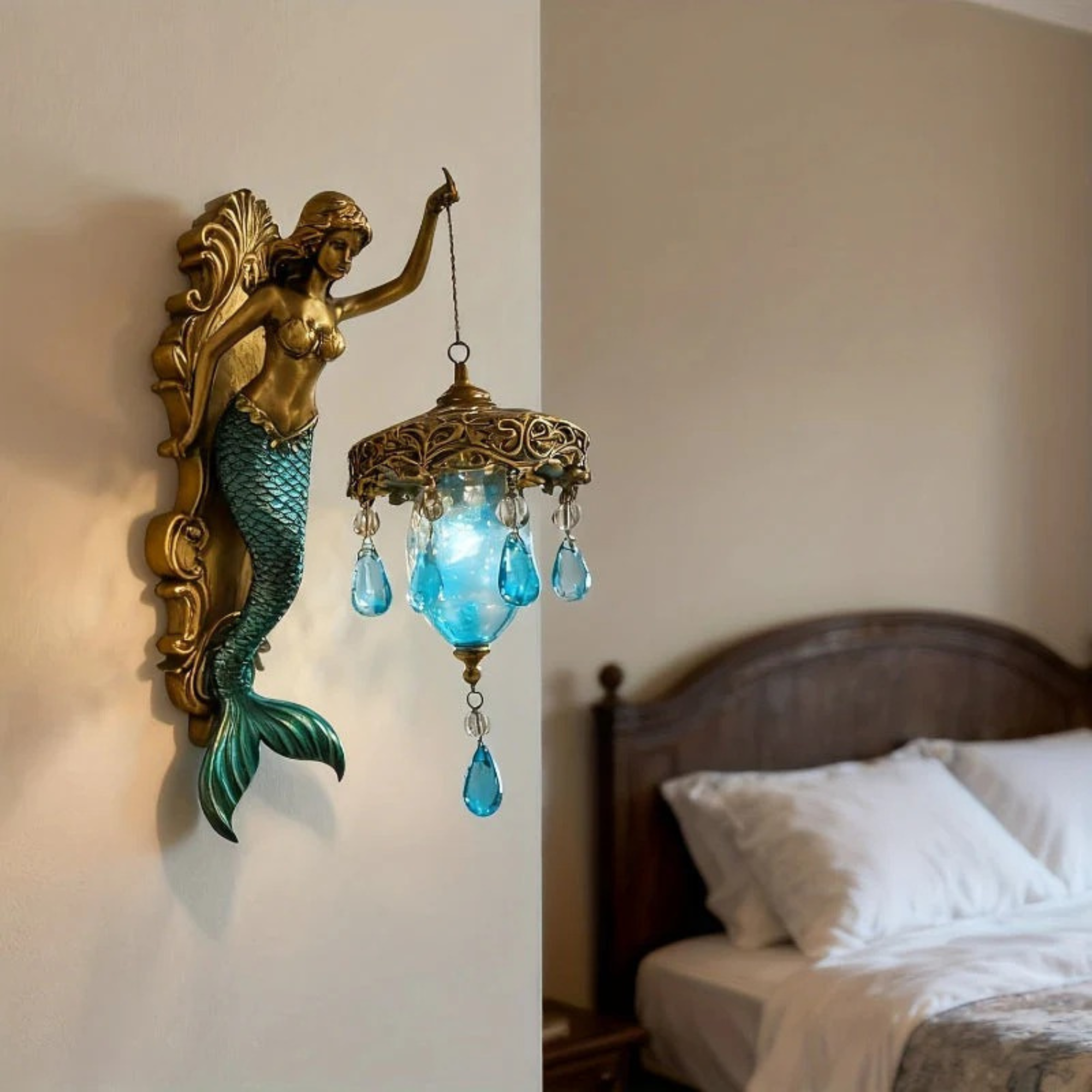 Vintage Mermaid Wall Lamp with Frosted Crystal Lantern, Antique Bronze Coastal Wall Sconce, Ocean-Inspired Decorative Light for Bedroom, Bathroom, Hallway & Living Room