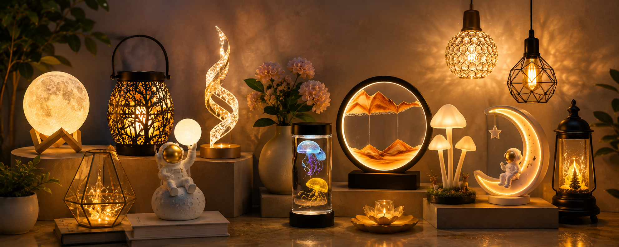Nooriva Light banner featuring solar lanterns, indoor table lamps, outdoor lighting, and modern home decor illumination