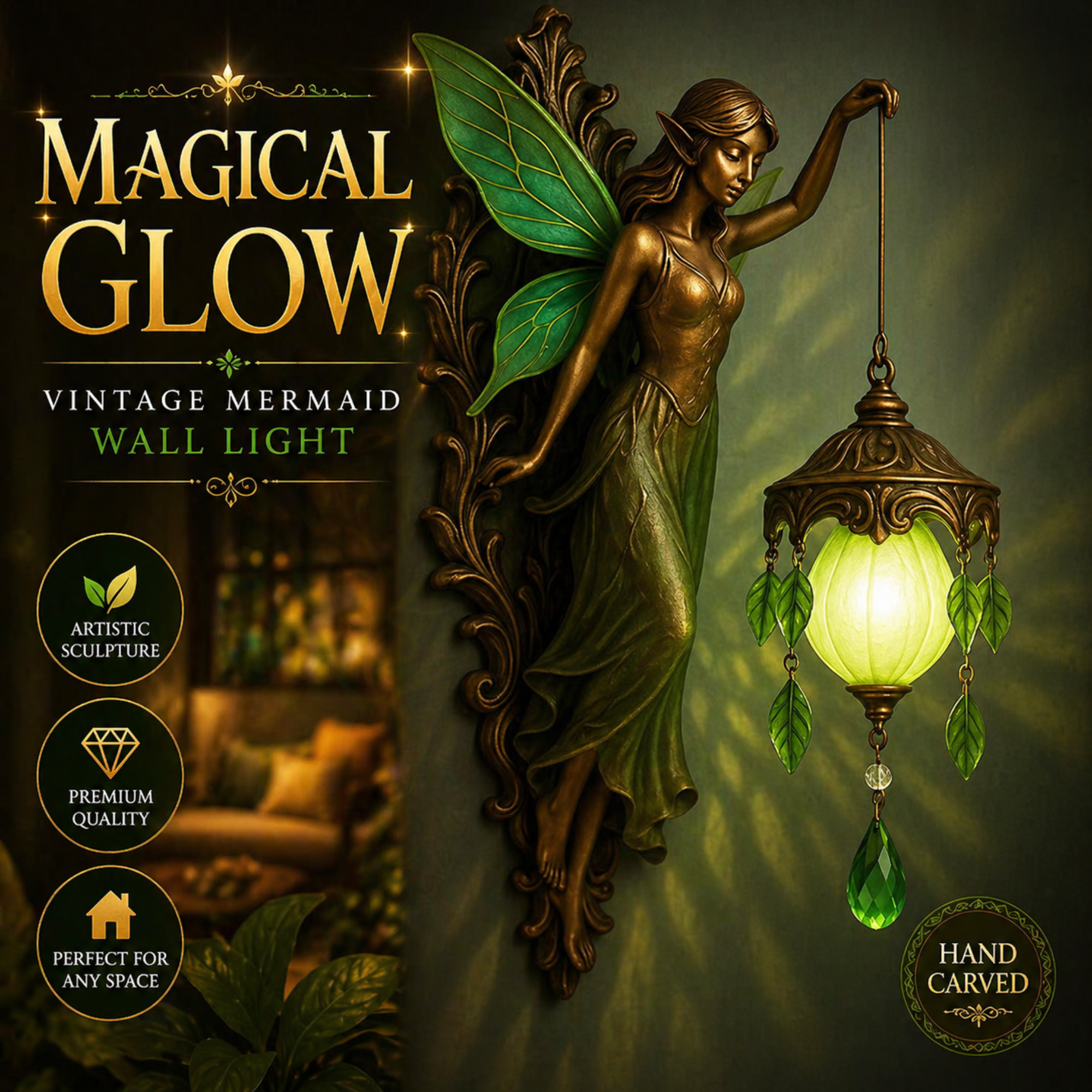 Vintage Mermaid Wall Lamp with Frosted Crystal Lantern, Antique Bronze Coastal Wall Sconce, Ocean-Inspired Decorative Light for Bedroom, Bathroom, Hallway & Living Room
