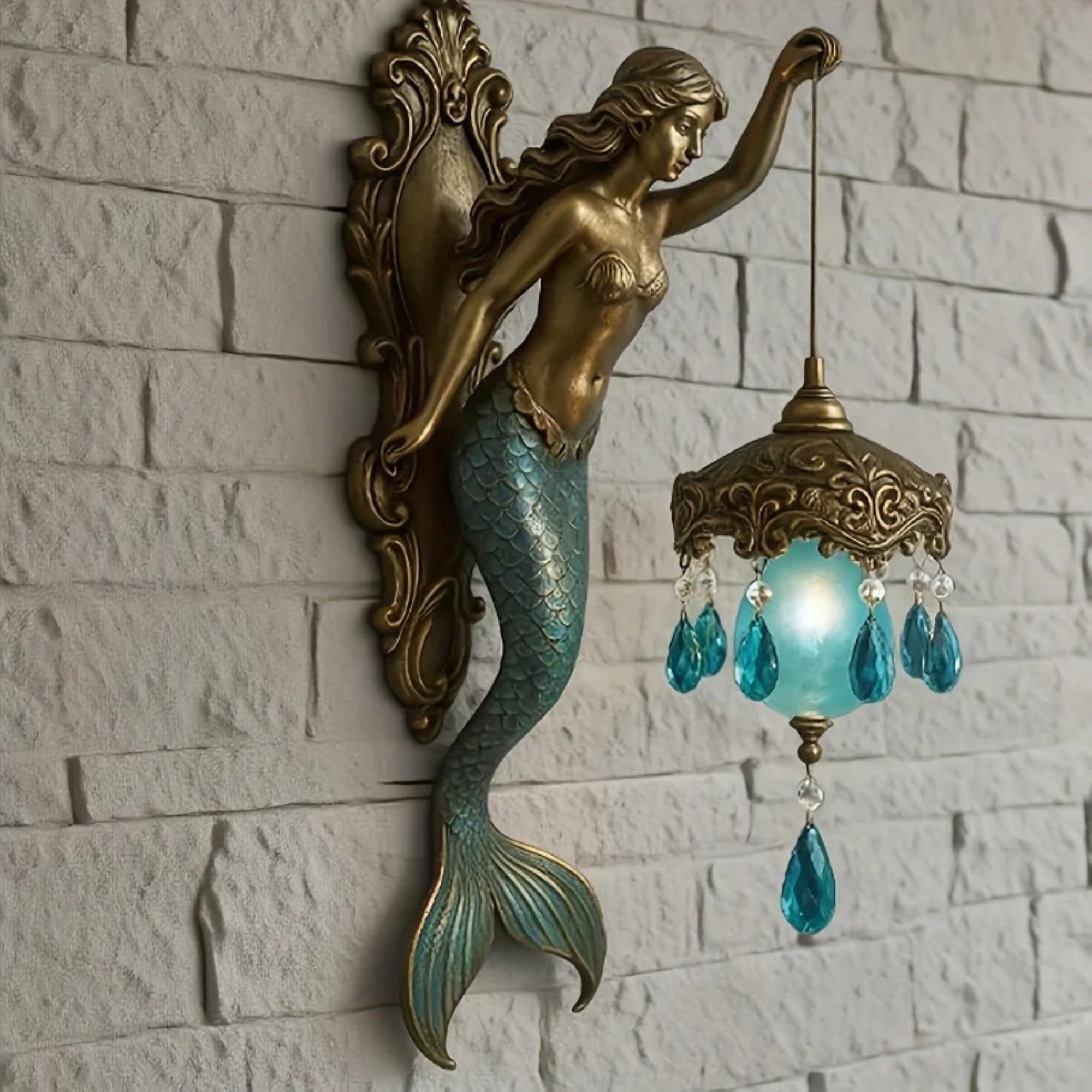 Vintage Mermaid Wall Lamp with Frosted Crystal Lantern, Antique Bronze Coastal Wall Sconce, Ocean-Inspired Decorative Light for Bedroom, Bathroom, Hallway & Living Room