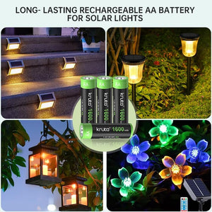 Collage of solar lights and batteries with text about long-lasting rechargeable AA battery for solar lights.