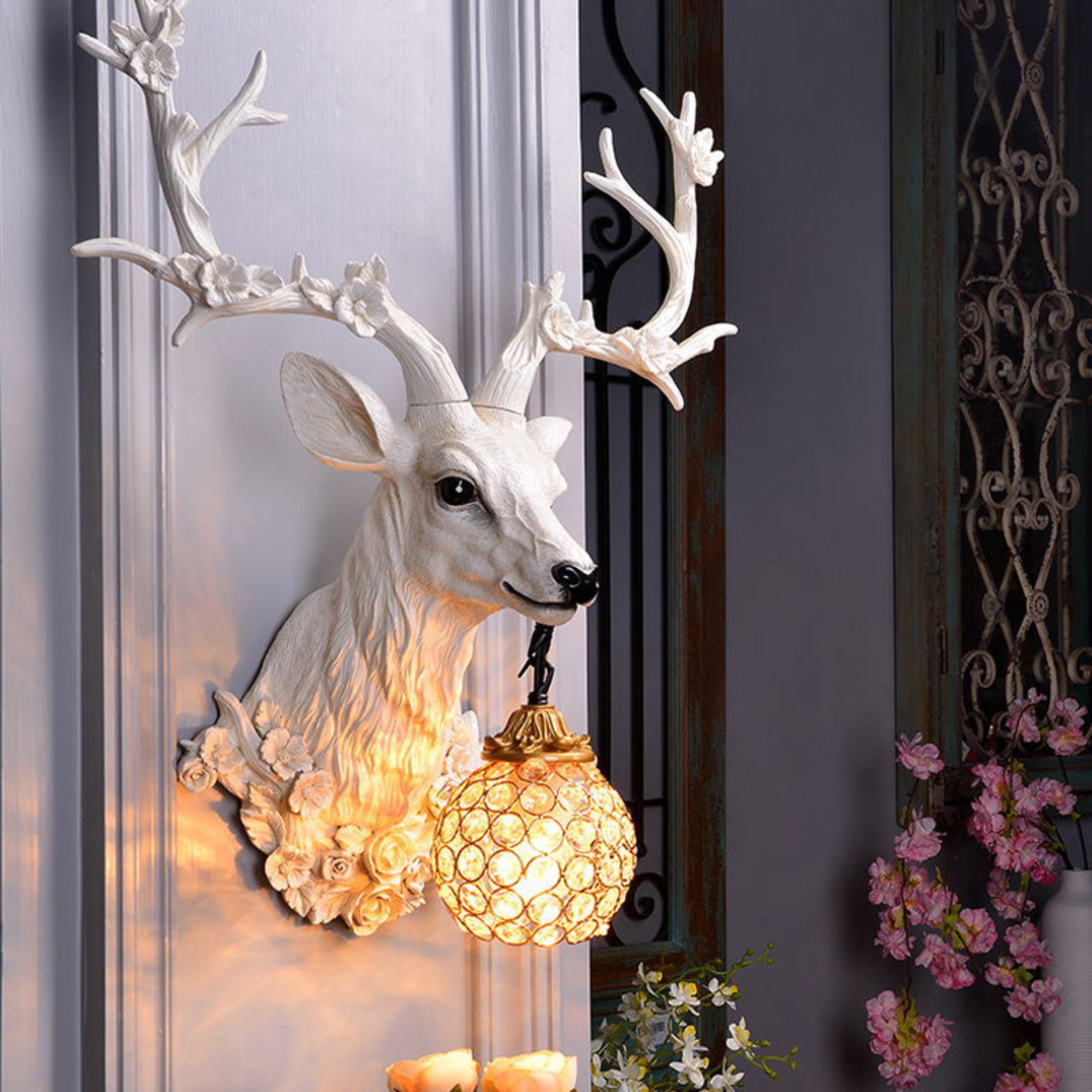 Lucky Antlers Wall Lamp – Vintage Deer Antler Wall Light with Glass Shade, LED Resin Wall Sconce