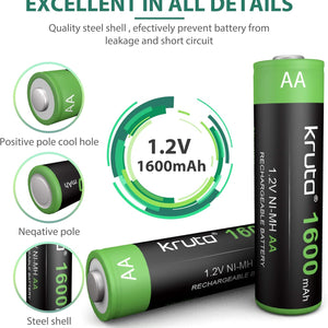 Kruta rechargeable battery with specifications and features on a white background