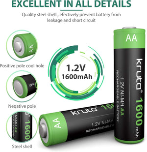 Kruta rechargeable battery with specifications and features on a white background