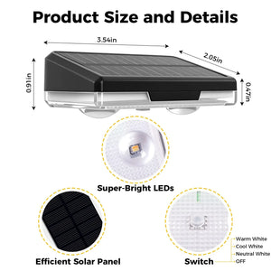 Solar light with dimensions and features highlighted on a white background