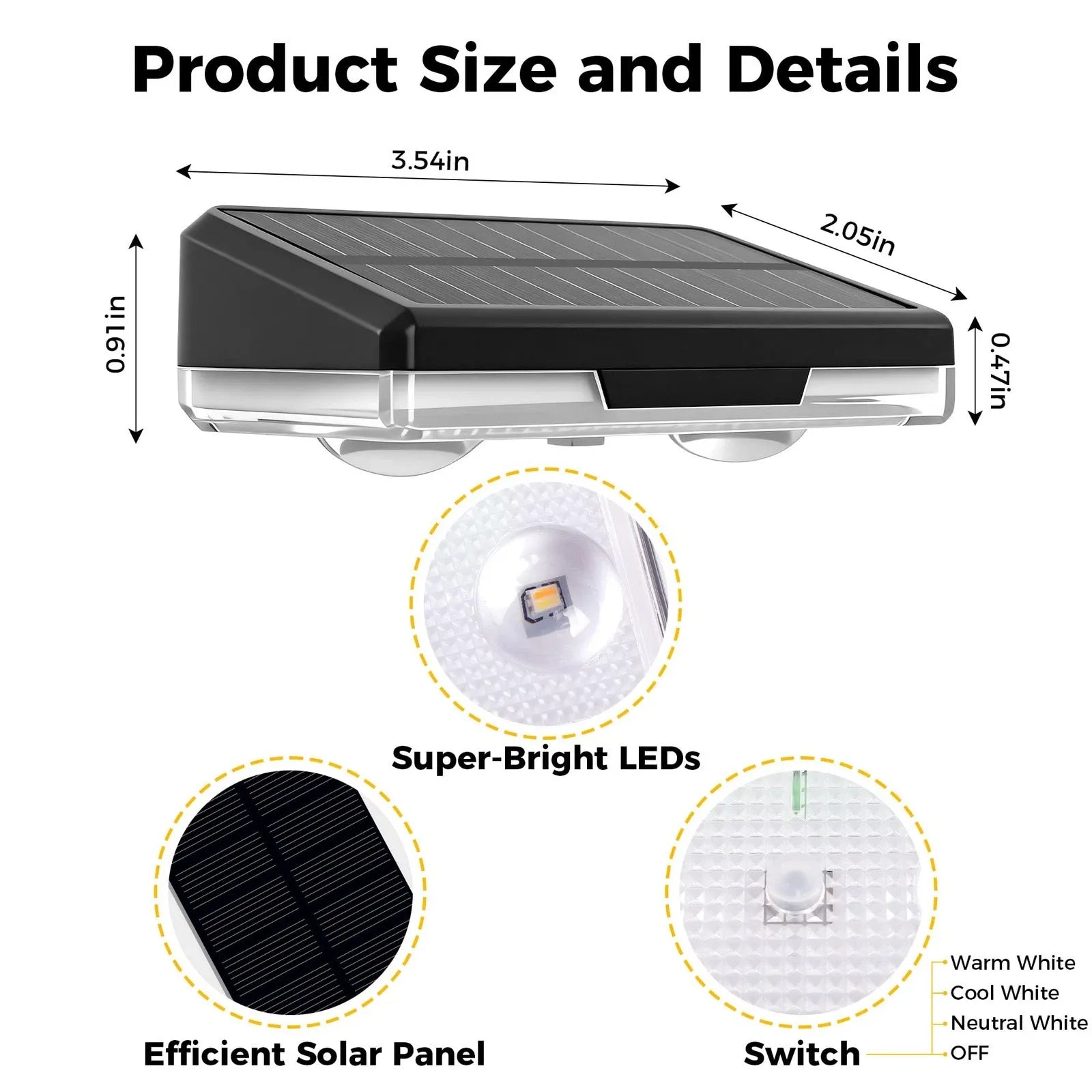 Solar light with dimensions and features highlighted on a white background
