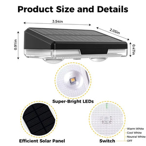 Solar light with dimensions and features highlighted on a white background