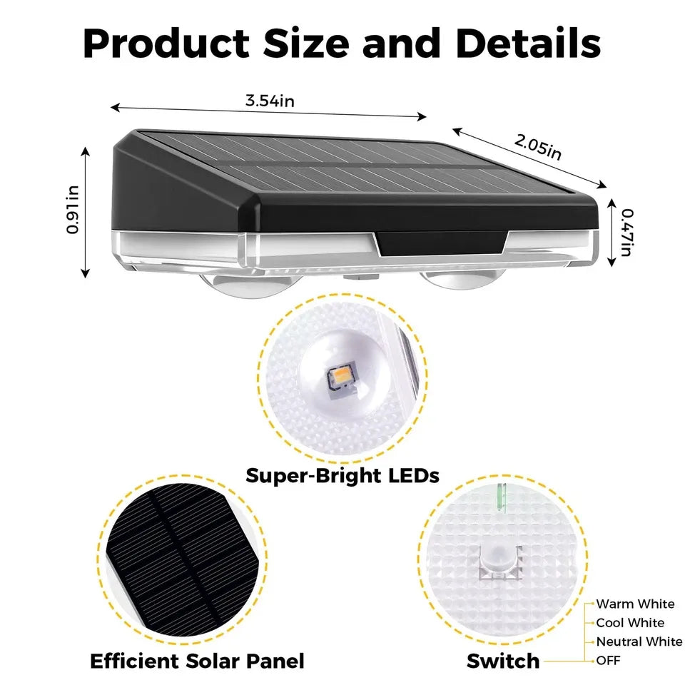 Solar light with dimensions and features highlighted on a white background