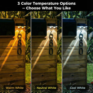 Three different color temperature options for outdoor lighting on a wooden post.