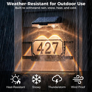 Solar-powered outdoor light with number '427' in rain, snow, heat, and cold conditions.