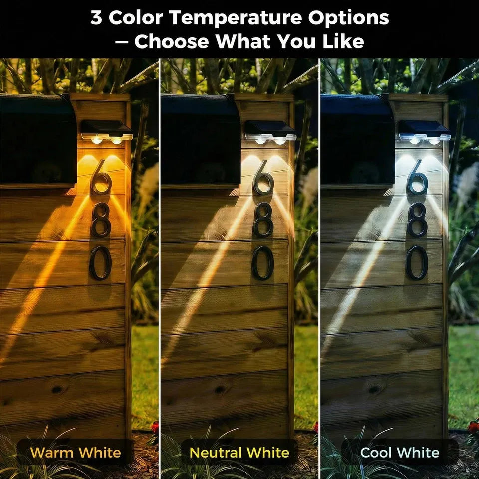 Three different color temperature options for a solar light on a wooden post outdoors.