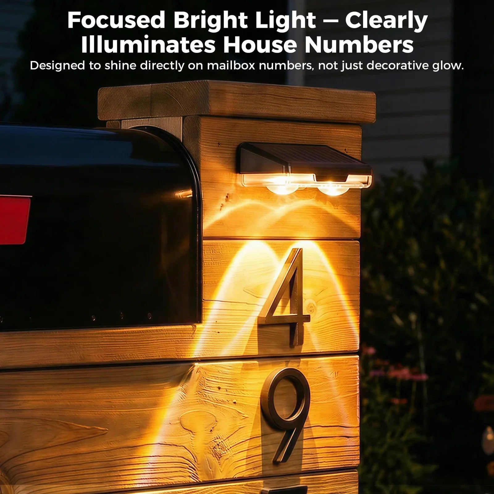 Solar mailbox light illuminating house numbers on a wooden post with text about its brightness.