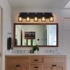 Industrial 5 light wall sconce installed above bathroom mirror