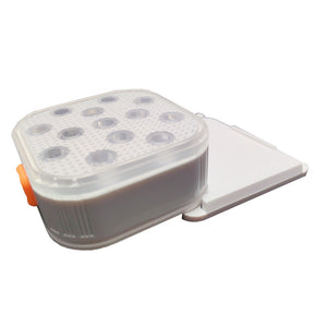 Close-up showing Nooriva magnetic pool light attached to metal pool wall.


