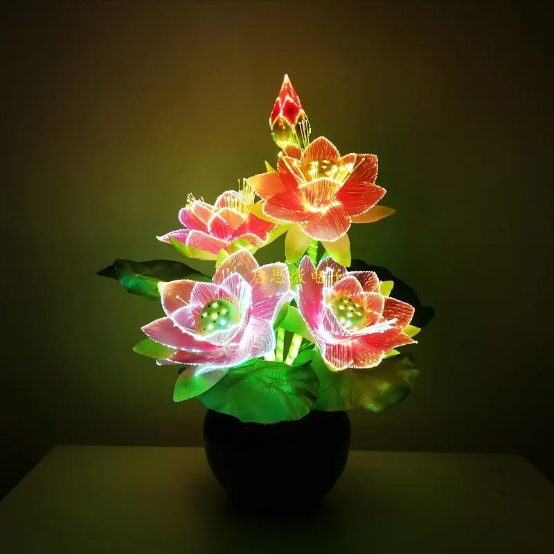 LED Lighted Flower Pots Lotus Lamp – Fiber Optic LED Flower Light, Buddha Table Lamp, Color Changing Artistic Home Decor
