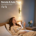 Woman in bed holding a glass of water with a wall-mounted light fixture in the background, featuring text about remote and auto timer features.