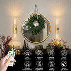 Round mirror with decorative wreath, wall sconces, and remote control with features displayed.
