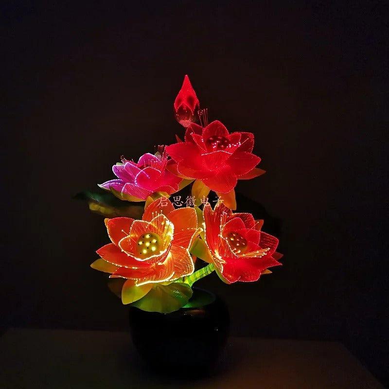 LED Lighted Flower Pots Lotus Lamp – Fiber Optic LED Flower Light, Buddha Table Lamp, Color Changing Artistic Home Decor