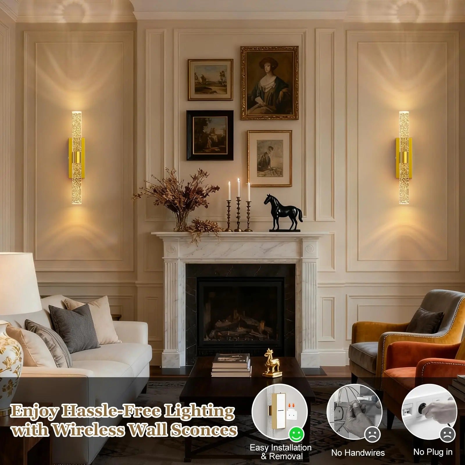 Living room with fireplace and wall sconces, featuring text about wireless wall sconces.
