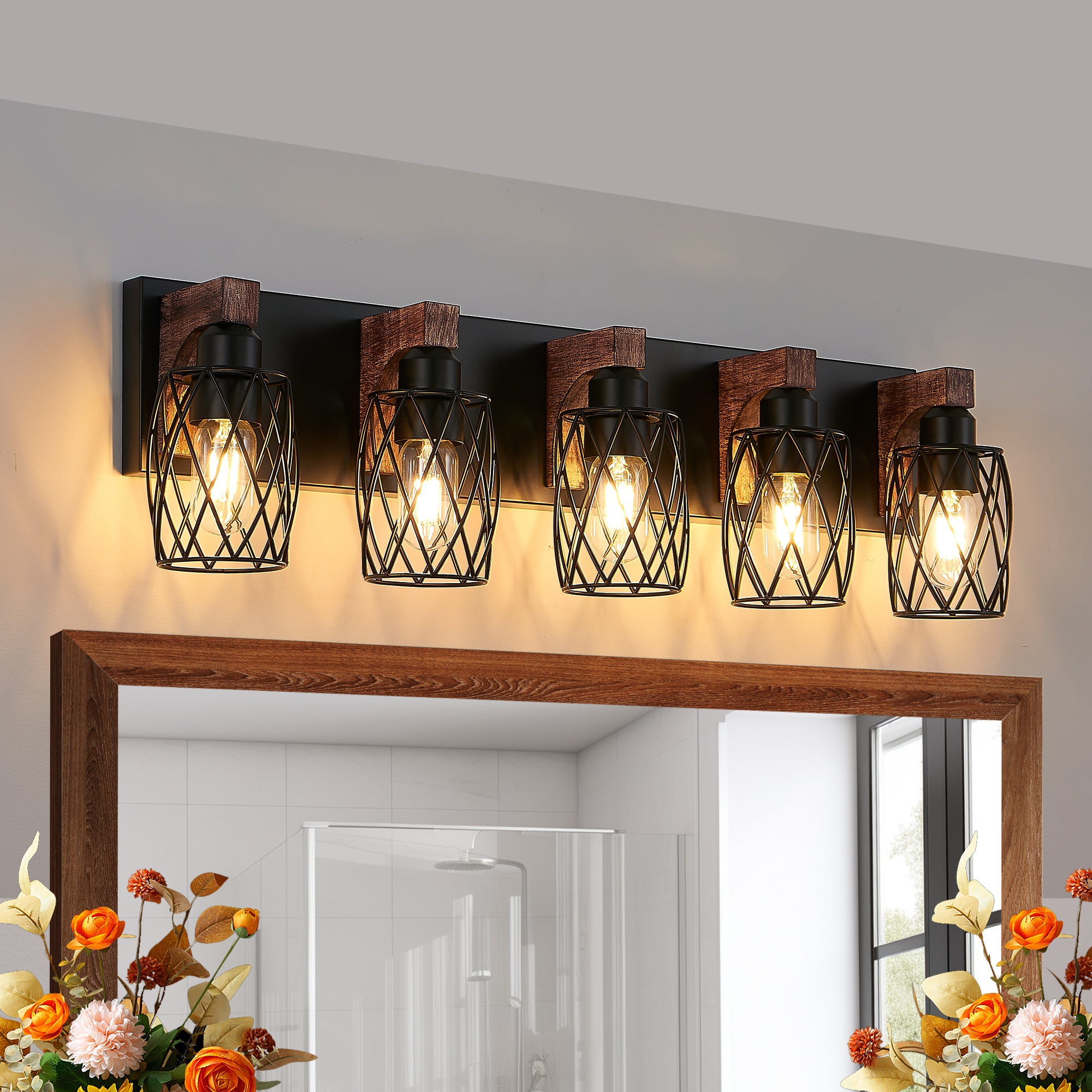 Nooriva mid century wall sconce with black cage shades and walnut wood accents
