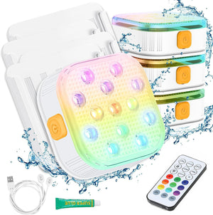 Nooriva RGB submersible light fully immersed in backyard swimming pool at night.

