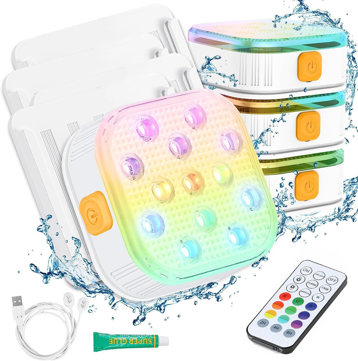 Nooriva RGB submersible light fully immersed in backyard swimming pool at night.

