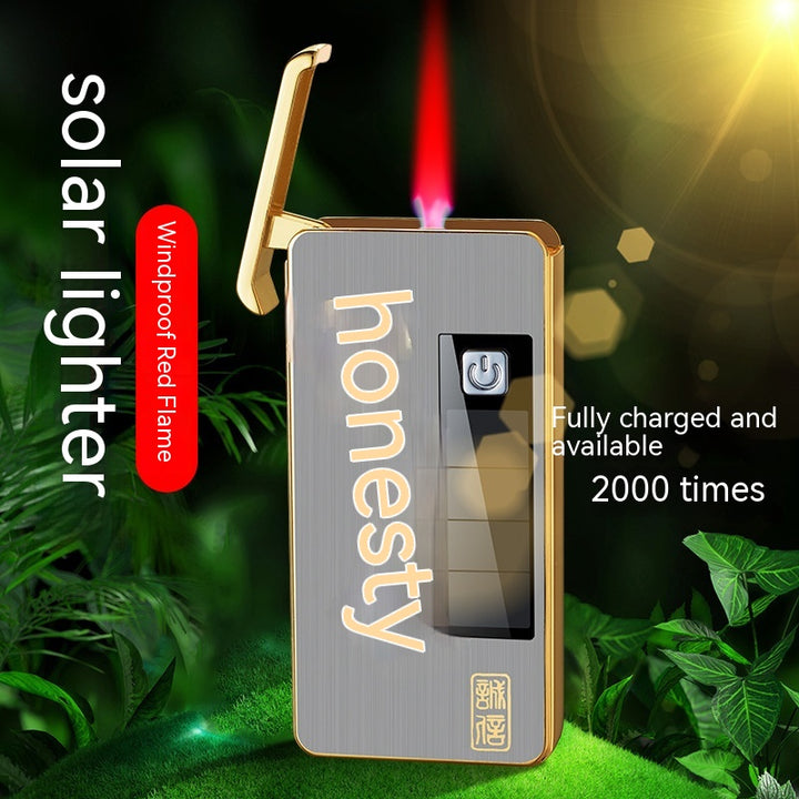 Nooriva solar lighter in Black Brushed finish, front view showing plasma arc electrodes.

