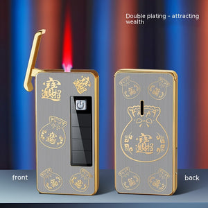 Close-up of Dragon design engraving on Nooriva solar lighter, decorative collectible detail.

