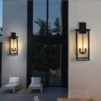 Weatherproof outdoor lantern with clear glass panels and black finish
