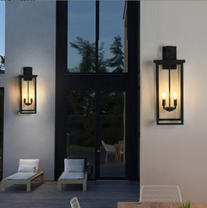 Weatherproof outdoor lantern with clear glass panels and black finish