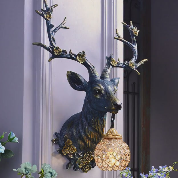 Lucky Antlers Wall Lamp – Vintage Deer Antler Wall Light with Glass Shade, LED Resin Wall Sconce
