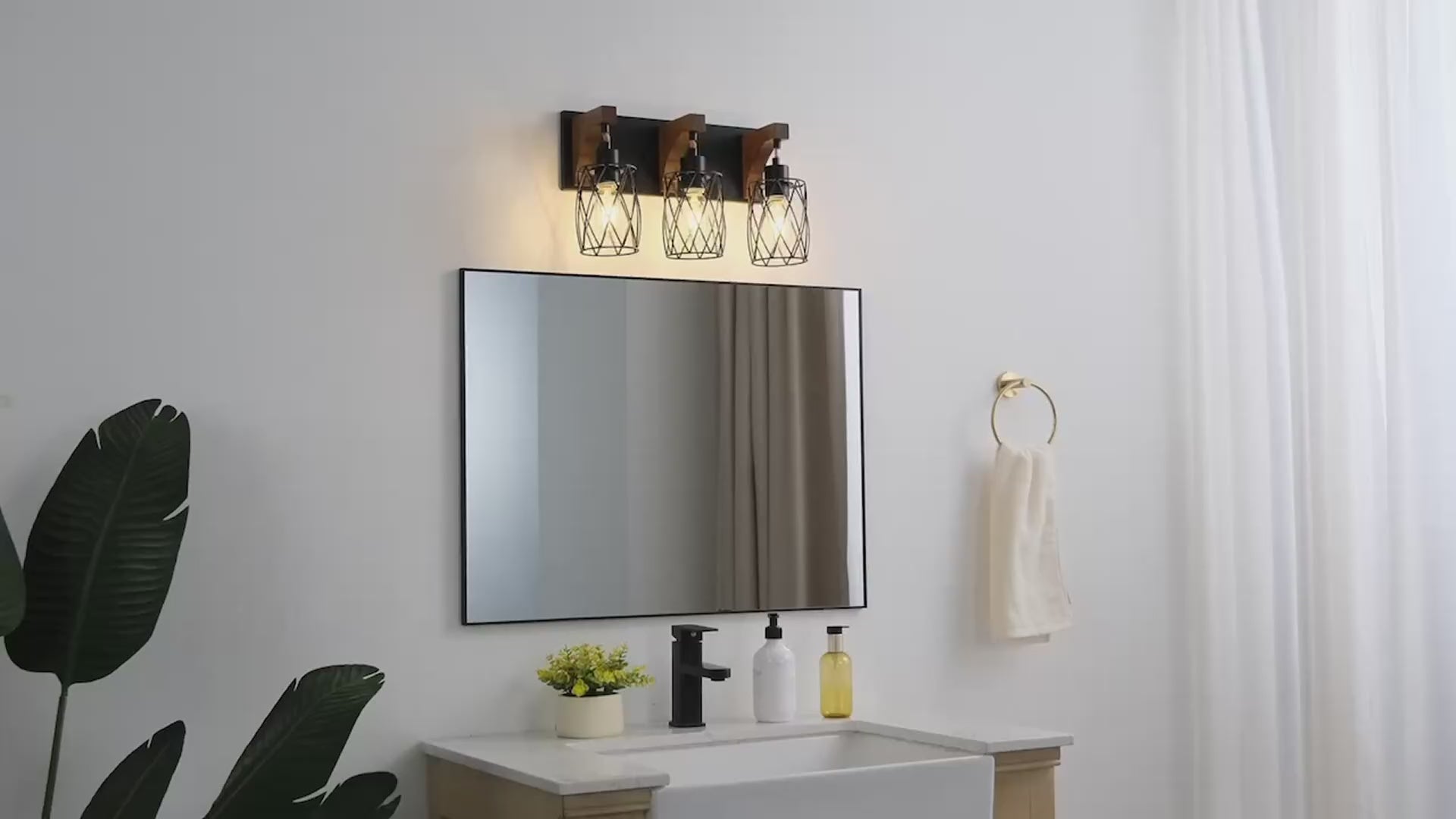 Nooriva Mid Century Wall Sconce 31" 5-Light Industrial Wall Light, Black Metal Cage & Walnut Wood Bathroom Vanity Fixture